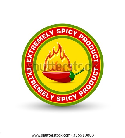 Extremely spicy product badge with burning red chilli pepper placed on white background