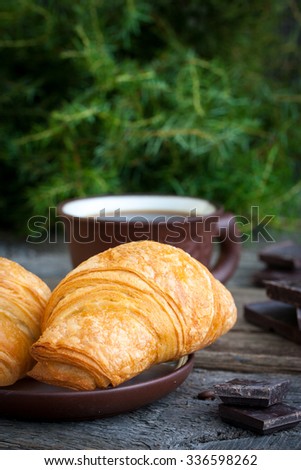 Croissant with chocolate and cup of coffee on a background of green trees, dark