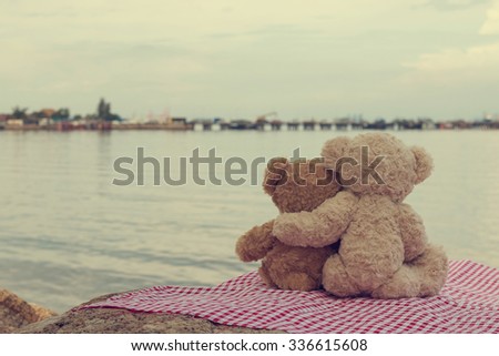 Two teddy bears hugging. picnic sit on the fabric red and white looking the sea. vintage style. Royalty-Free Stock Photo #336615608
