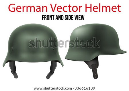 Military German green helmet of WW2. Historical reenactment. Metallic army symbol of defense. Vector illustration Isolated on white background. 
