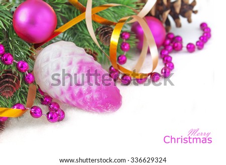 Merry Christmas and Happy New Year. Christmas decoration with new year tree branch and snow 