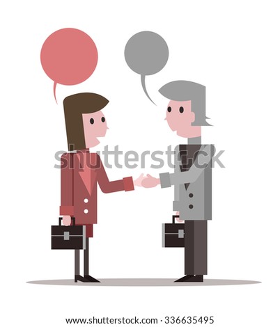 Two business people Shaking Hands and talking. flat character design. vector illustration