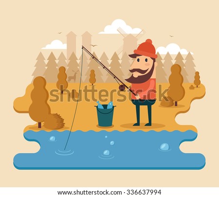 Flat Cartoon Character Fishing Near the Forest. Trees and Clouds on the Background. Colorful Vector Illustration