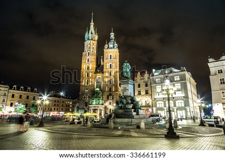 Krakow at night. St. Mary's Church at night. Poland.