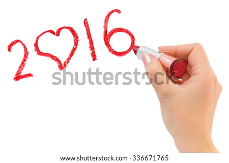 Hand with lipstick drawing 2016 isolated on white background