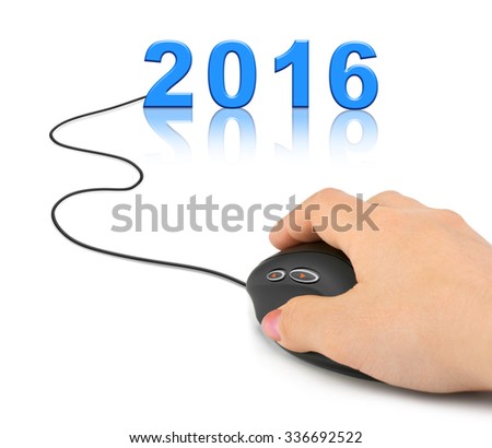 Hand with computer mouse and 2016 - new year concept
