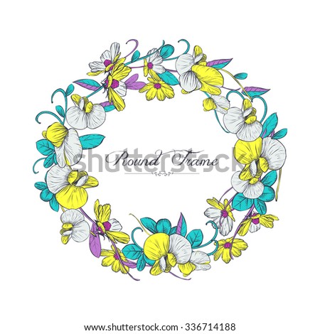 Vintage floral greeting card. Round frame of flowers. Vector illustration, hatching lines