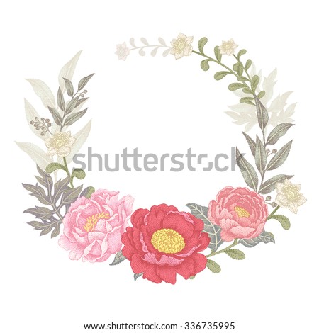 Vector Vintage card with the image of garden flowers of peonies and roses in Victorian style. Designed to create wedding invitations, congratulations.