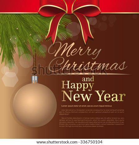 Merry Christmas and Happy New Year. Holiday greeting card template with red ribbon, bow and fir branches.