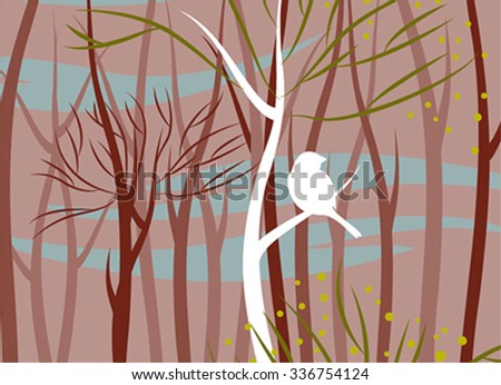 bird in forest, vector illustration