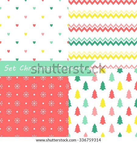 Set of seamless Christmas patterns. Illustration of a Christmas tree, snow, zig-zag. traditional New Year colors. Perfect for wallpapers, background, textile, Christmas and New Year greeting cards