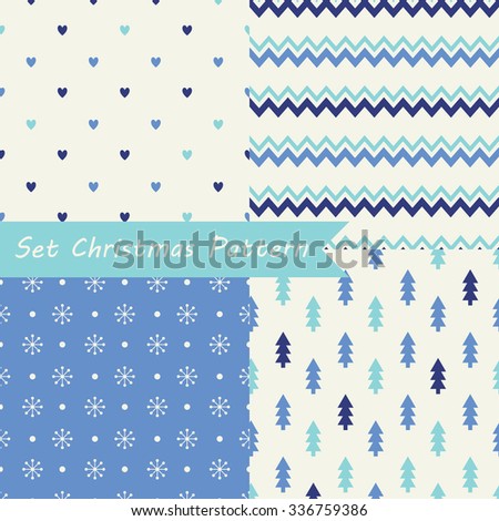 Set of seamless Christmas patterns. Illustration of a Christmas tree, snow, zig-zag. traditional New Year colors. Perfect for wallpapers, background, textile, Christmas and New Year greeting cards