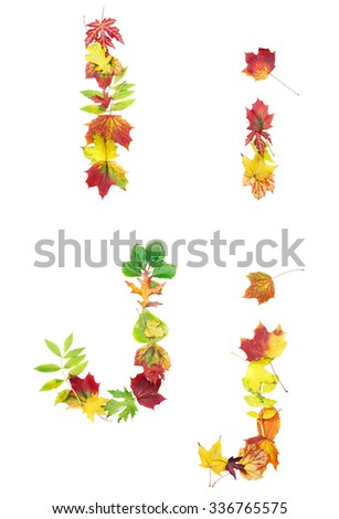 Font made of autumn leaves isolated on white. Letters i and j.