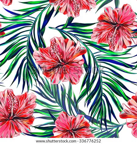 Tropical flowers, palm leaves, hibiscus, seamless vector floral jungle pattern background
