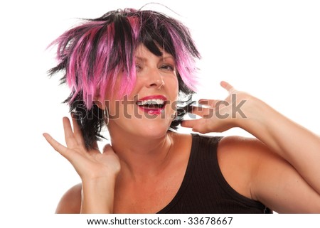 Pink And Black Haired Girl Portrait Isolated on a White Background.