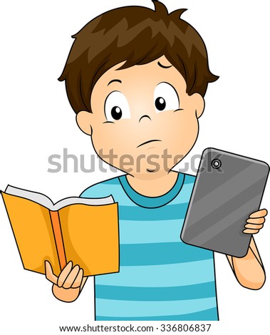 Illustration of a Little Boy Comparing a Book and a Tablet