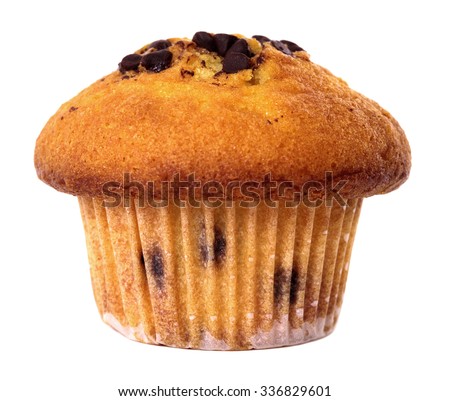 Chocolate chip muffin cup cake closeup isolated on white background. Royalty-Free Stock Photo #336829601