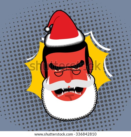 Evil Angry Santa Claus. Red with anger person Swears and shouts. Villain with white beard and glasses. Christmas character pop art  style.