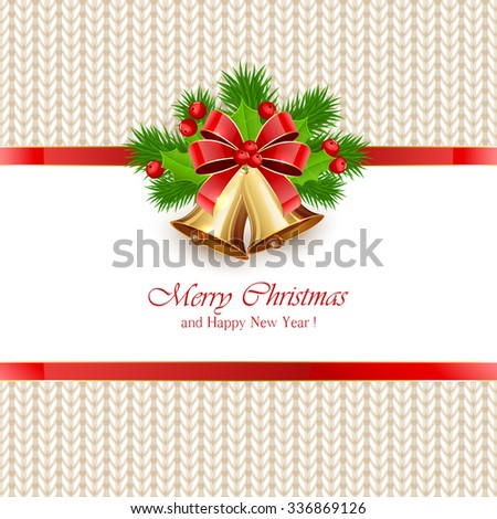 Christmas bells with bow and holly berries on white knitted pattern, illustration.