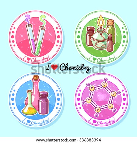 Four round stickers "I love chemistry". Vector clip-art illustration.