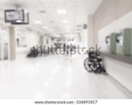 Blur background clinic or hospital waiting hall and corridor with wheelchair near nurse station
