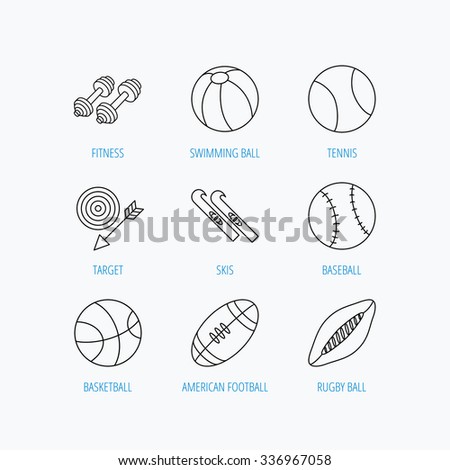 Sport fitness, tennis and basketball icons. Baseball, skis and American footmal signs. Rugby, swimming or pilates ball icons. Linear set icons on white background.