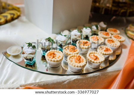 sweet candies and cupcakes on wedding reception
