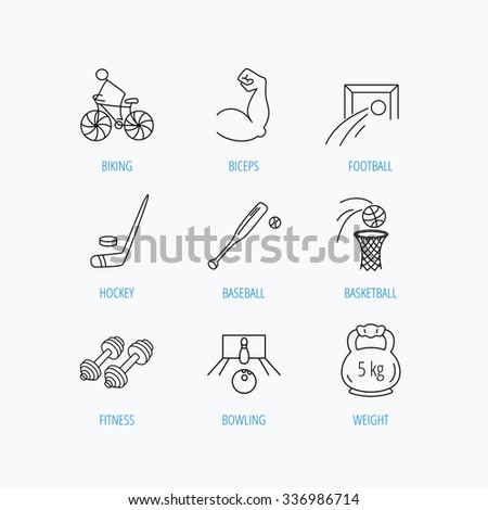 Ice hockey, football and basketball icons. Fitness sport, baseball and bowling linear signs. Biking, weightlifting icons. Linear set icons on white background.