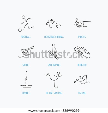 Pilates, football and skiing icons. Fishing, diving and figure skating linear signs. Ski jumping, horseback riding and bobsled icons. Linear set icons on white background.