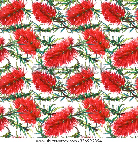 Tropical floral pattern with red exotic flowers callistemon for wedding printing products, cards, invitations, menu. Hand drawn watercolor background, wallpaper. Botanical illustration.