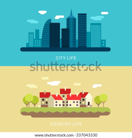 City Life and Country Life. Flat Style Vector Conceptual Illustration for Web Banners or Promotional Materials