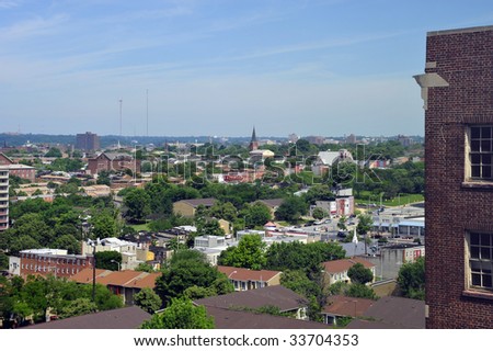 A view of the Baltimore, Maryland, skyline from the grounds of Johns Hopkins Hospital