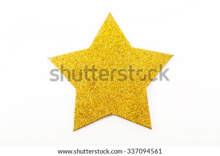 Golden glittering star shaped Christmas ornament isolated on white background 