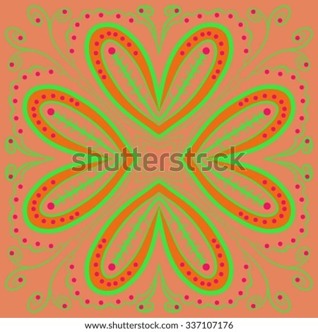 Circular    pattern  of floral motif,hole, leaves, spots, spirals, stars, twigs, ellipses. Hand drawn.