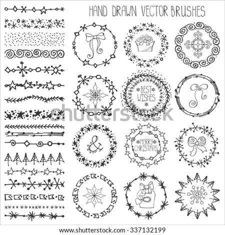 Christmas Hand drawn Pattern brushes,borders.New year doodle textures,snowflakes, stars,artistic ornament.Decoration vector set.Circle frame wreath with winter symbols.Used  brushes included