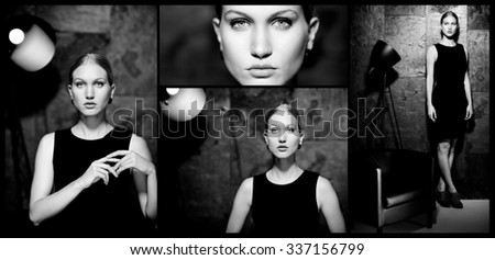 Black and white image mosaic of elegant young cold woman.