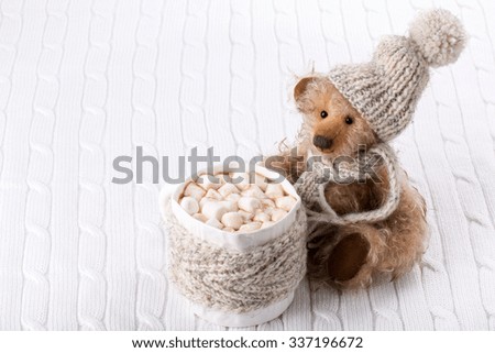 Teddy bear in winter clothes and a cup of hot chocolate with marshmallows