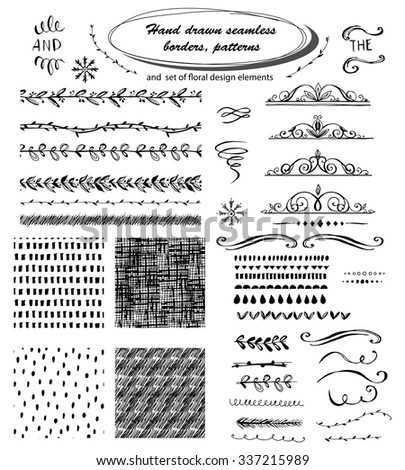 Set of hand drawn seamless borders, patterns. Cute vector dividers, borders, set of floral design elements. Ink illustration