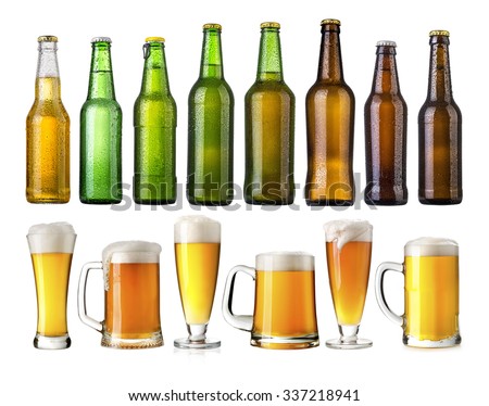 set of Beer bottles with water drops on beer glasses on white background.Five separate photos merged together.