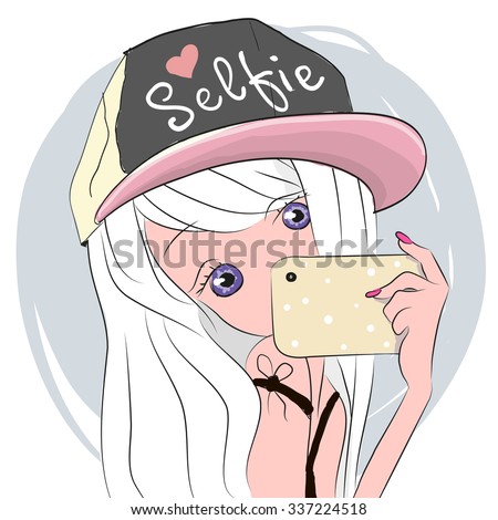 Vector cute cartoon girl with white hair makes selfie