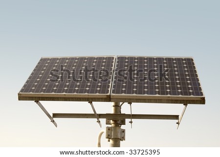 Closeup of a solar panel, blue sky