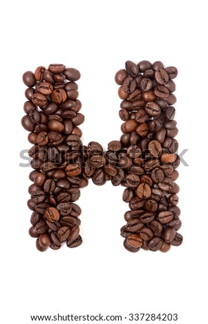 H, Alphabet from coffee beans on white background.
