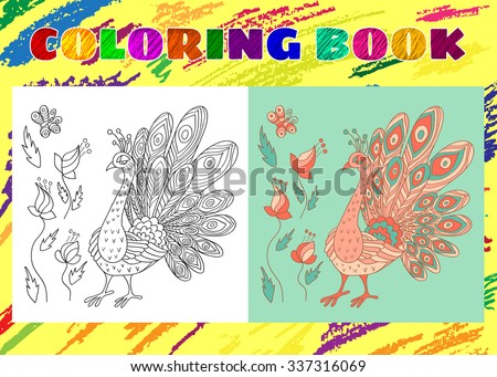 Coloring Book for Kids. Sketchy little pink peacock with flowers in cartoon style.