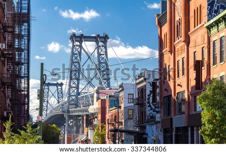 Williamsburg Bridge Street Scene in Brooklyn, New York City Royalty-Free Stock Photo #337344806