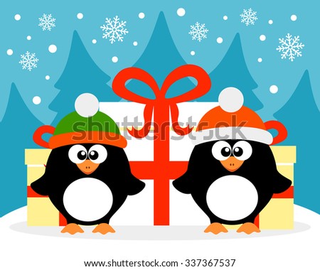 Happy New Year card with  penguin  santa claus and  penguin elf vector