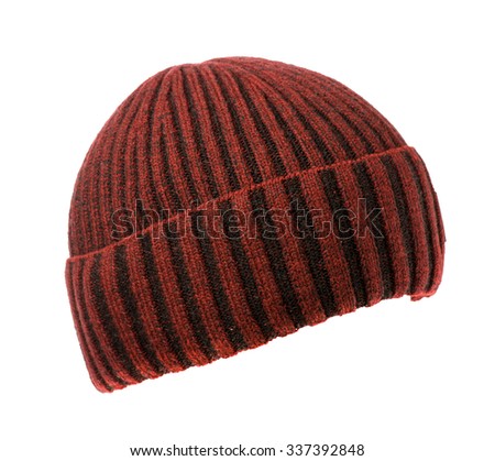 Burgundy knitted hat isolated on white background .
