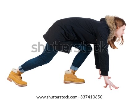 side view woman in start position. Standing young girl in parka. Rear view people collection.  backside view of person.  Isolated over white background. 