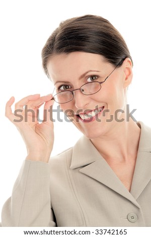 Portrait of attractive mature businesswoman wearing glasses  isolated on white background