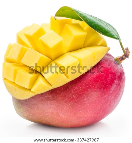 Mango fruit and mango cubes on the white background. The picture of high quality.