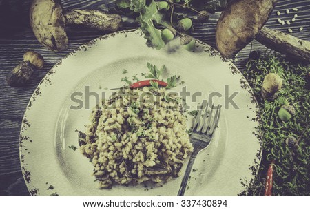 Vintage style photo of italian risotto with mushrooms  